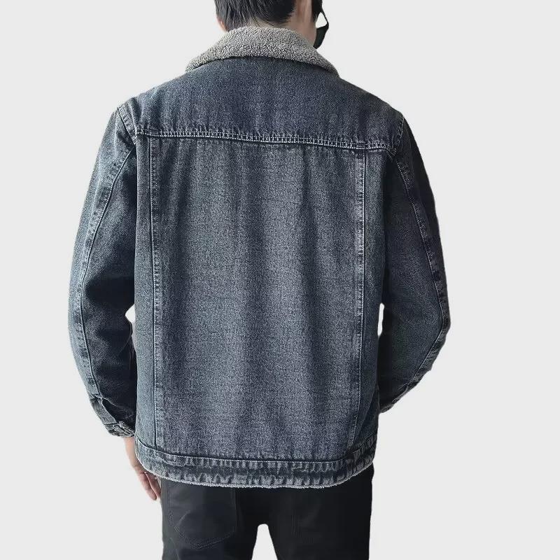 Men's 2024 Slim Korean Denim Jacket with Velvet Lining and Lapel – Plush Winter Style