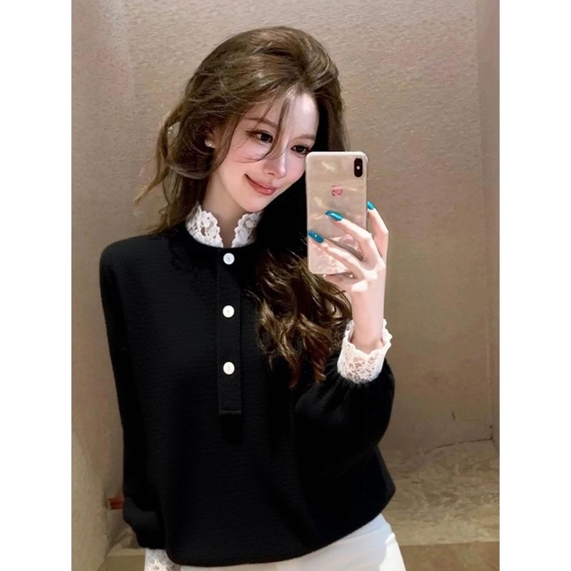 Elegant Chinese-Style Velvet Top with Black Lace Trim – Stunning Autumn/Winter Slimming Wear for Women