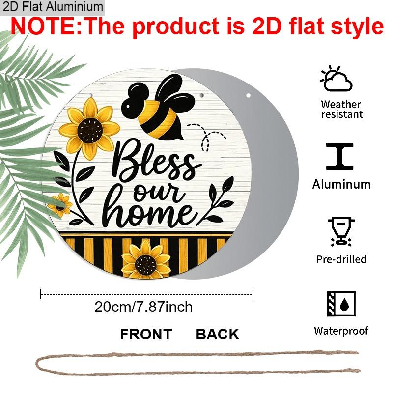 

2D Flat Aluminum Rustic Sunflower and Bee Metal Sign - Bless Our Home Round Plaque - Vintage Farmhouse Wall Decor with Faux Wood Grain Print - Front 1pc