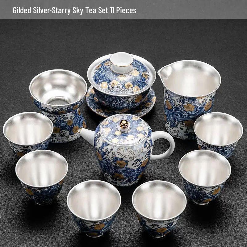 Silver-Plated Ceramic Kung Fu Tea Set: Complete Home Gift Box with Tea Cups and Pot