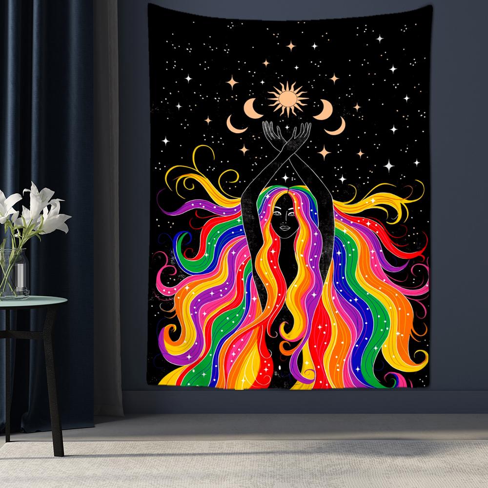 

Индийский гобелен с фазой Луны для девочек, настенный Гобелен в богемном стиле, хиппи, колдовство, Таро, Мандала, домашний декор 95x70cm