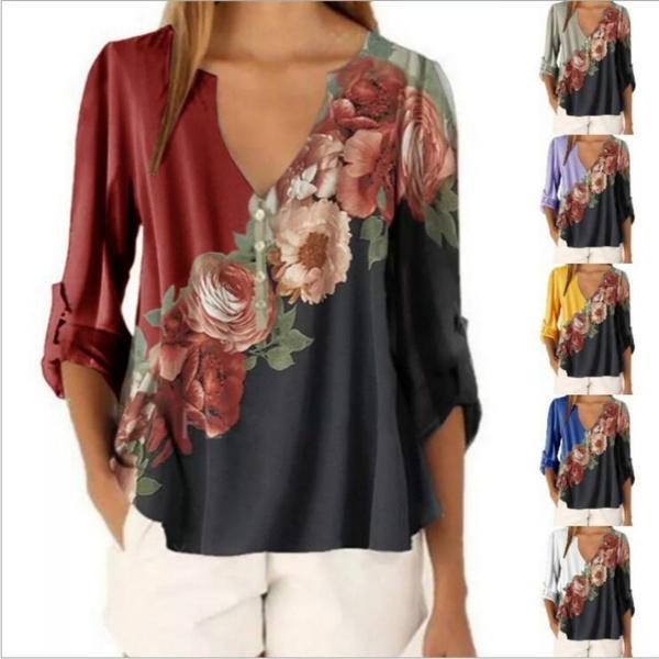 Women's V-neck Floral Print Shirt Top Chiffon Shirt