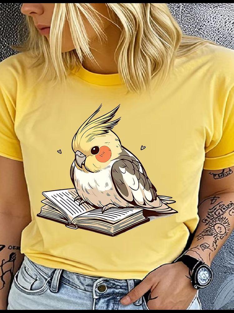 Unisex Womens Cotton The Studious Parrot Print Tshirt Loose Round Neck Casual Short Sleeve Fashion Top Clothing Summer