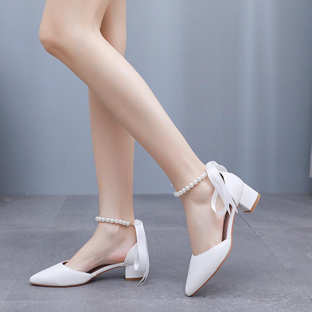 4cm Medium and Low Heel Pointed Toe Hollow Sandals Thick Heel Beaded Women's Shoes White Matte Pu