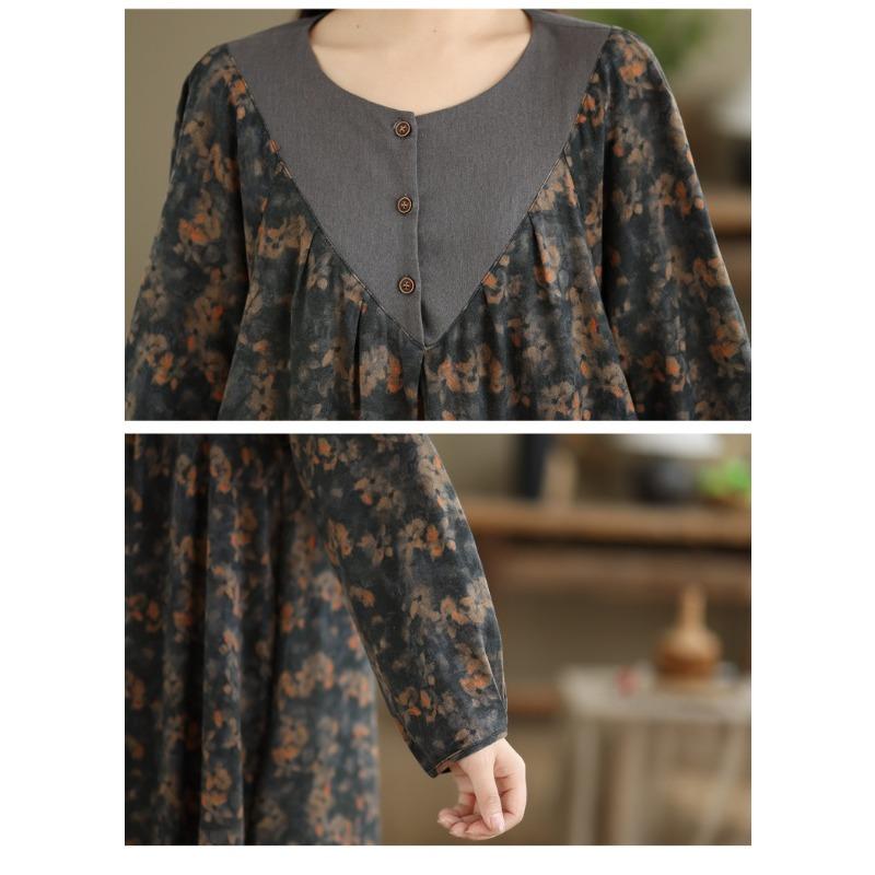 DIMANAF Women Plus Size Autumn Long Sleeve Vintage Dress Floral Loose Casual Oversize Maxi Cotton Linen Dress 2025