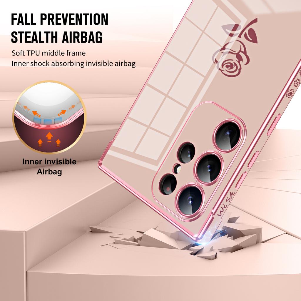 For Samsung Galaxy S25 Ultra Case Electroplating Edge Rose Pattern TPU Phone Back Cover Airbag Drop Proof