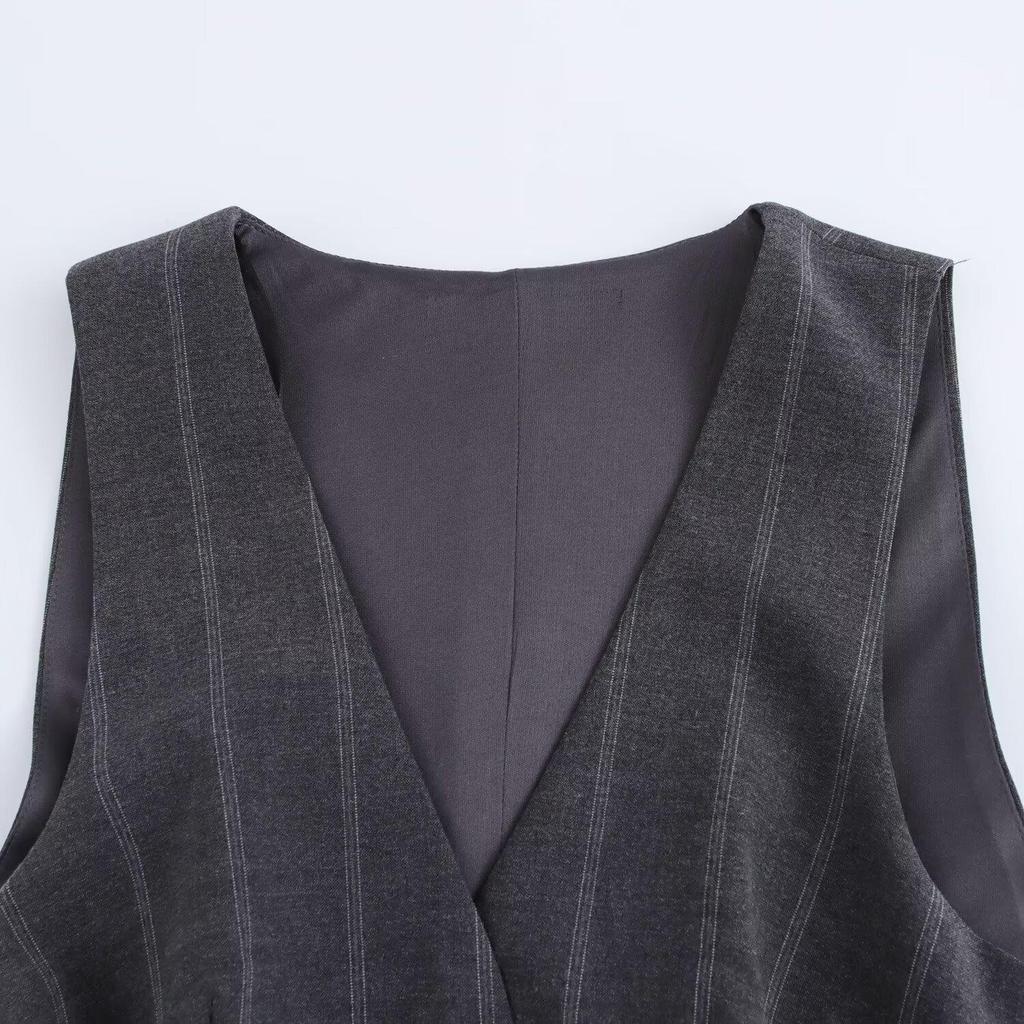 2024 Autumn Women's European & American Style Pleated Striped Vest Dress