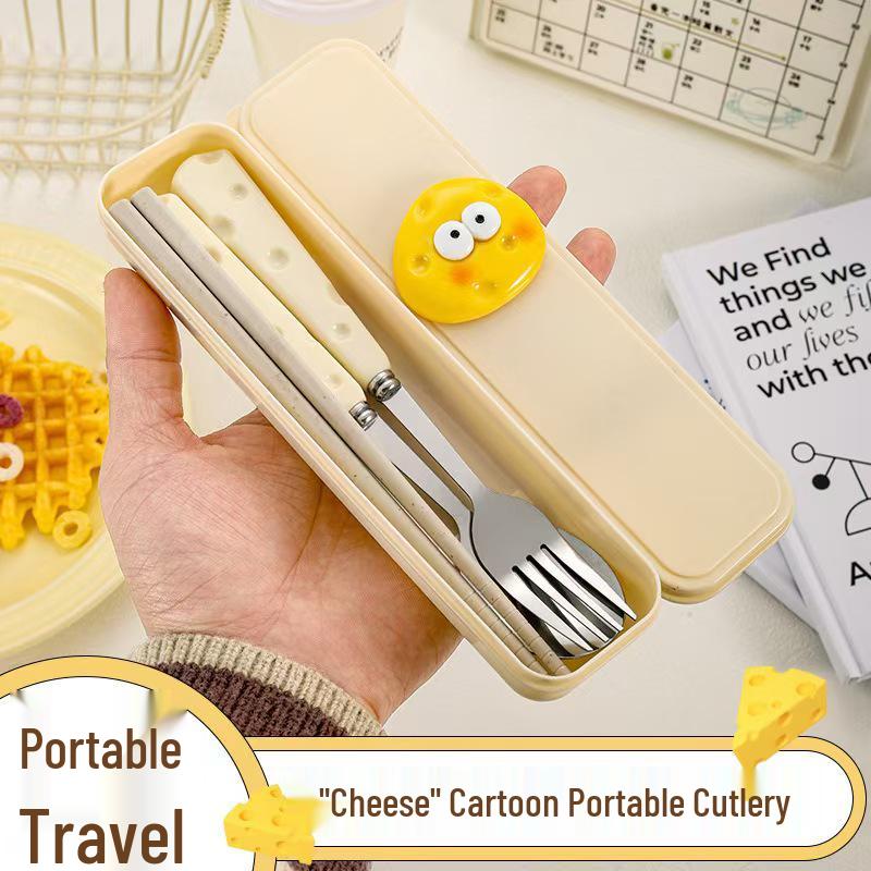 Cute Cartoon High-Value 410 Stainless Steel Cutlery Set: 3-Piece Set with Chopsticks, Fork, and Spoon