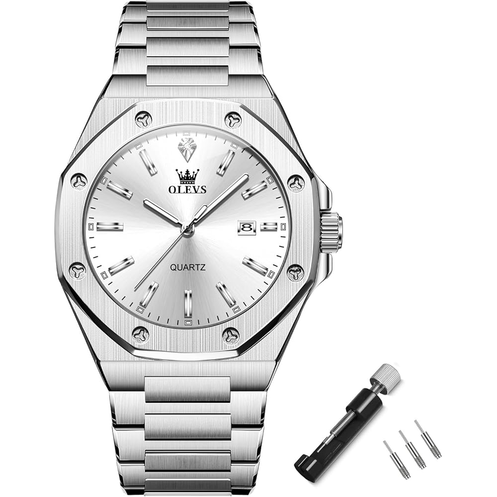 Olevs Men s Analog Quartz Watch Silver Waterproof Stainless Steel Large Dial Metal Band