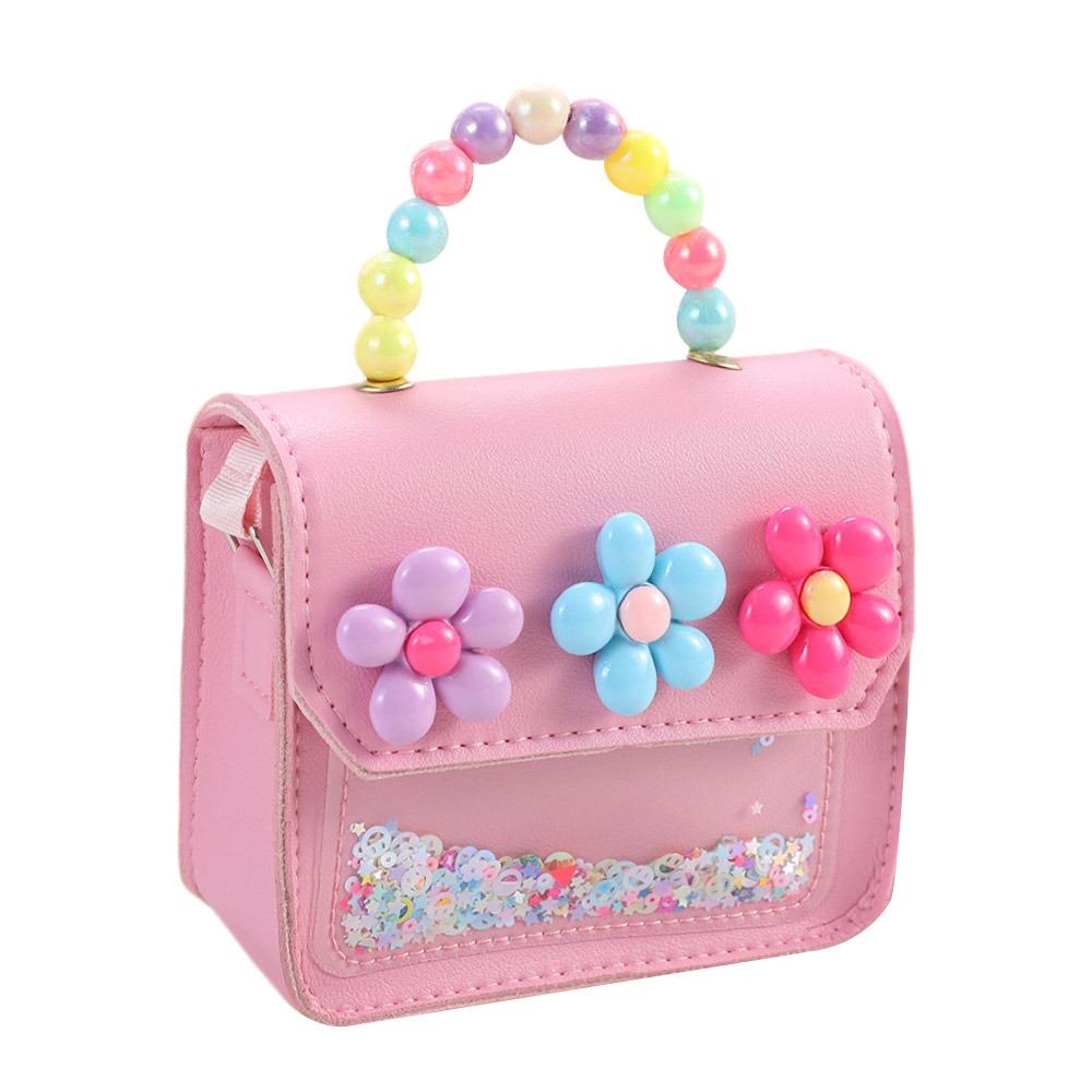 Cute Flowers Children's Handbags Messenger Bag Sweet Girls Pearl Shiny Kids Shoulder Bag Cartoon PU Leather Crossbody Bags