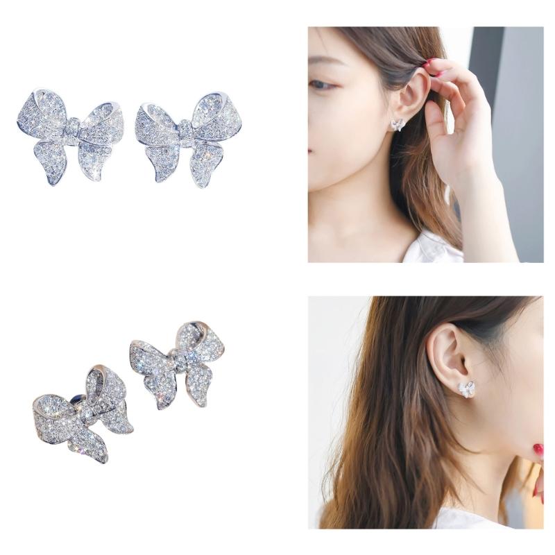 Zircon Bowknot Studs Earrings for Women Fashion Silver Color Crystal Ear Studs Adornment Elegant Wedding Jewelry Gift
