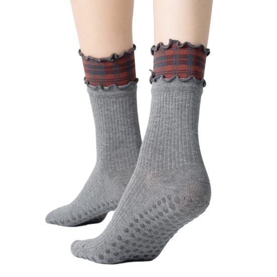 1 Pair Yoga Socks with Non-slip Gripper Double Ruffled Plaid Cuff Mid-calf Socks Women Ballet Dance Pilates Cotton Crew Socks