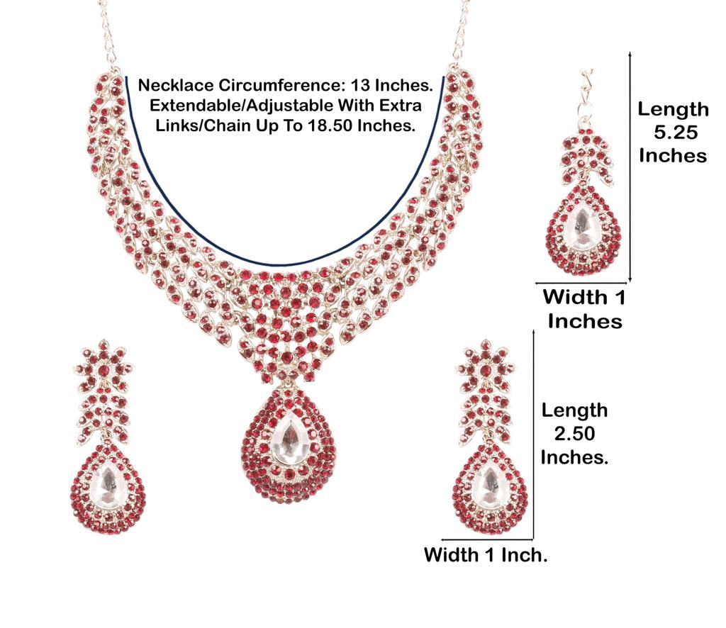 Touchstone Indian Bollywood Traditionally Marked White and Red Rhinestone Alluring Bridal Designer Jewelry Necklace Set In Silver Tones for Women.