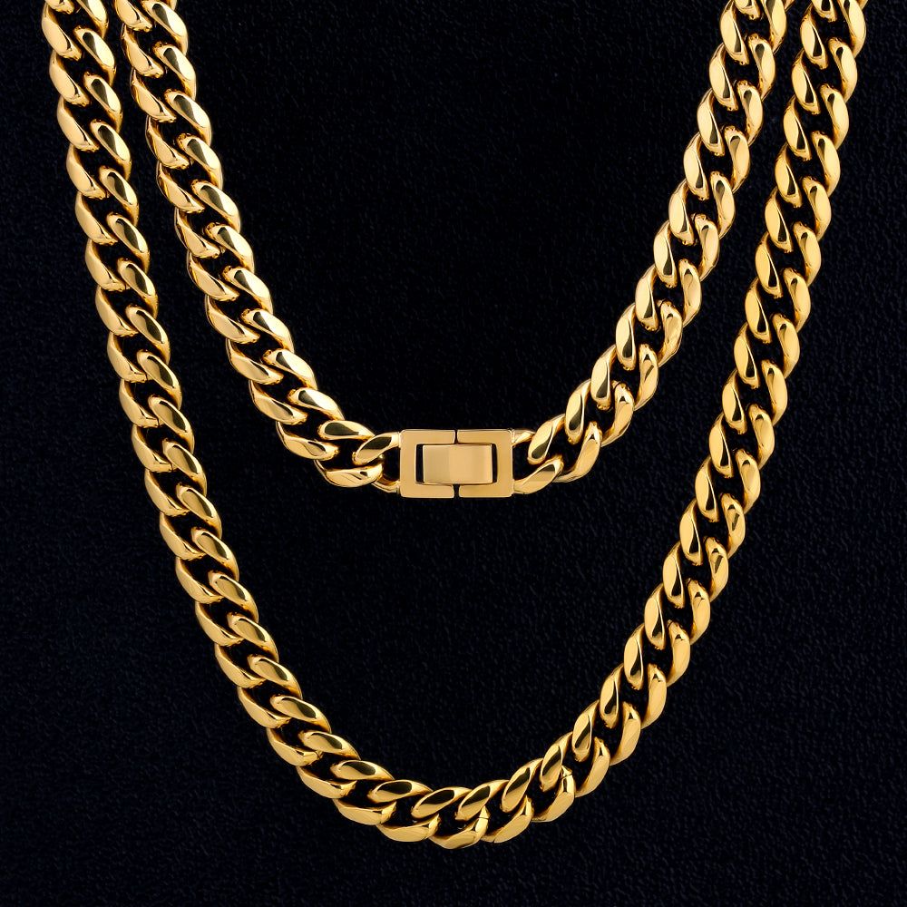 KRKC  Jewelry 8mm 10mm 12mm 18K Gold PVD Stainless Steel Miami Cuban Link Necklace Fold Over Clasp Mens Chains