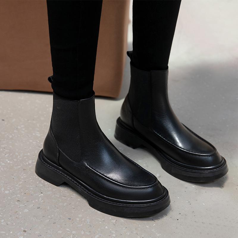Fashion Hot Genuine Leather Women's Boots Retro British Style Slip-On Chelsea Boots Fashion Ankle Boots Round Toe Flat with Women Shoes