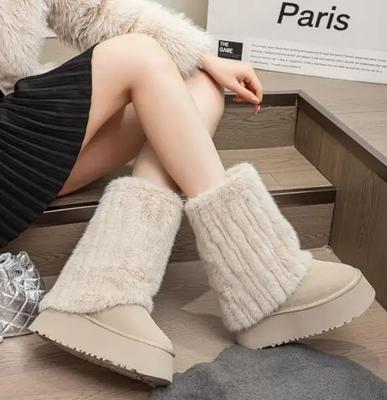 Fashion 11CM Cow Leather Flat Autumn Women Motorcycle Mid-calf Booties Platform Fashion Winter Warm Plush Turned-over Edge Snow Boots