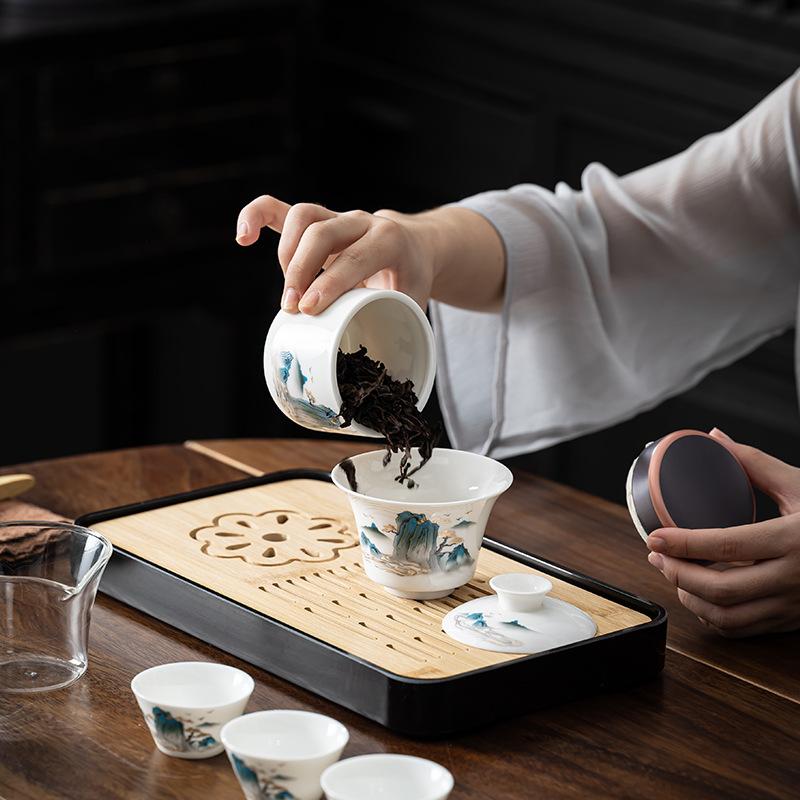 Travel Kung Fu Tea Set Tea Tray Complete Set Dehua White Porcelain Suet Jade Cover Bowl Set Light Luxury Business Companion