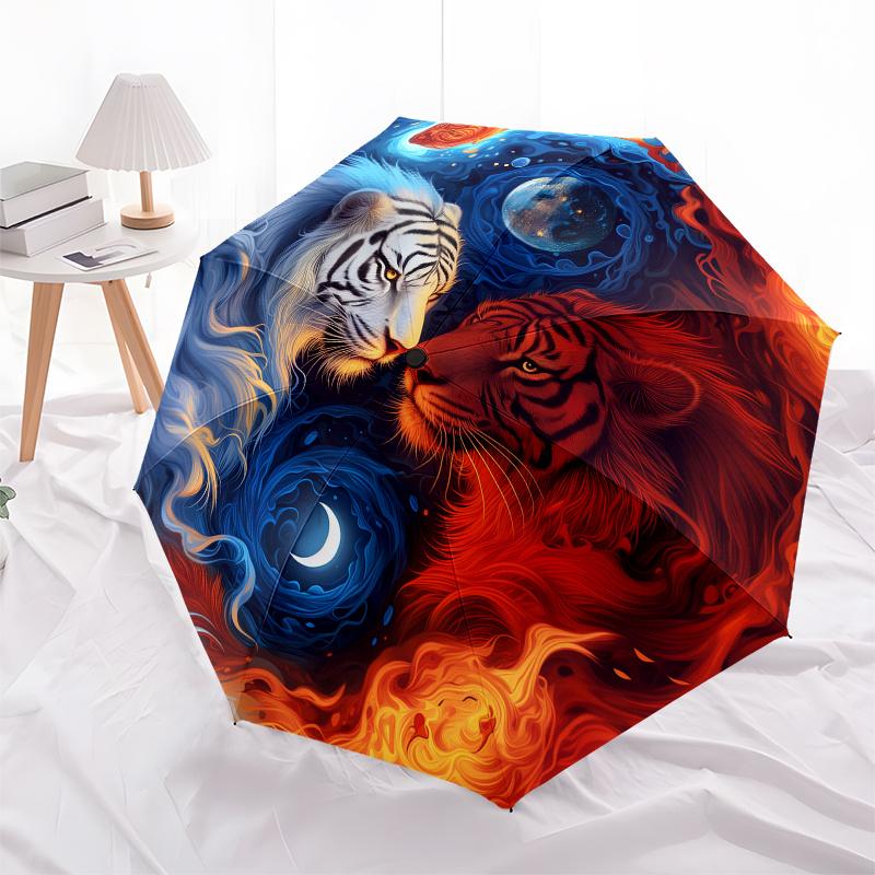 Yin Yang Tiger Moon Circular Wall Art DecorUmbrella, Portable 3-Fold Compact Umbrella for Men & Women Gift