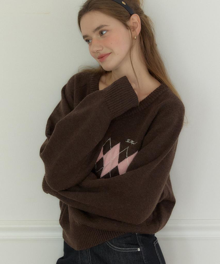 OURHOPE V-Neck Argyle Knit - Brown