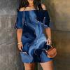 Women Plus Size Off Shoulder Short Sleeve Blue Gold Marble Printed Loose Romper With Side Pockets