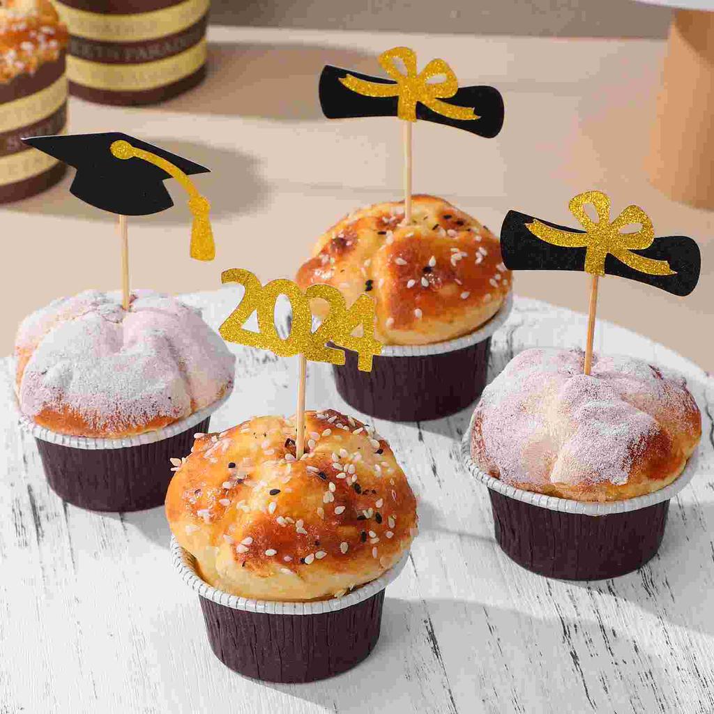 12 Pcs Top Hat Dessert Graduation Season Cake Insert Cakes Wood Paper Cupcake Picks Decor