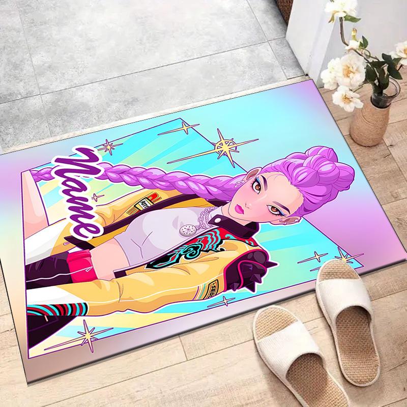 Custom KPop Demon Hunters Mat Personalized Name, Polyester Washable Indoor Entryway Rug, Gift for Christmas, Easter, Thanksgiving Day