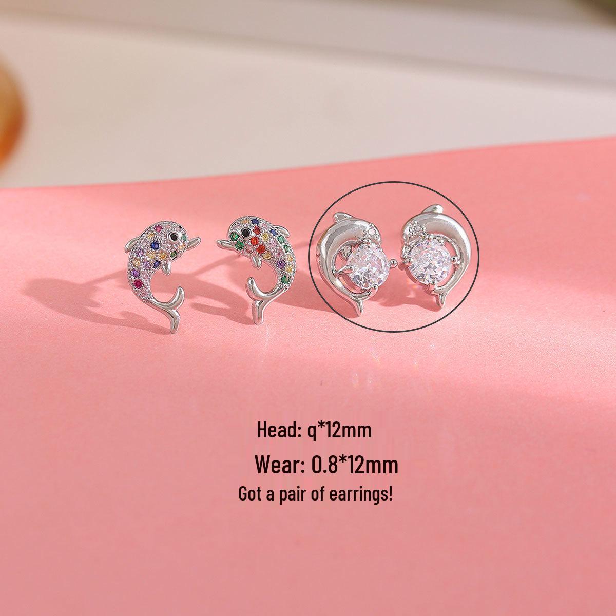 Copper-Plated Gold & 925 Silver Needle Rainbow Dolphin Stud Earrings for Women with Cubic Zirconia. Gold Plated, Long-lasting