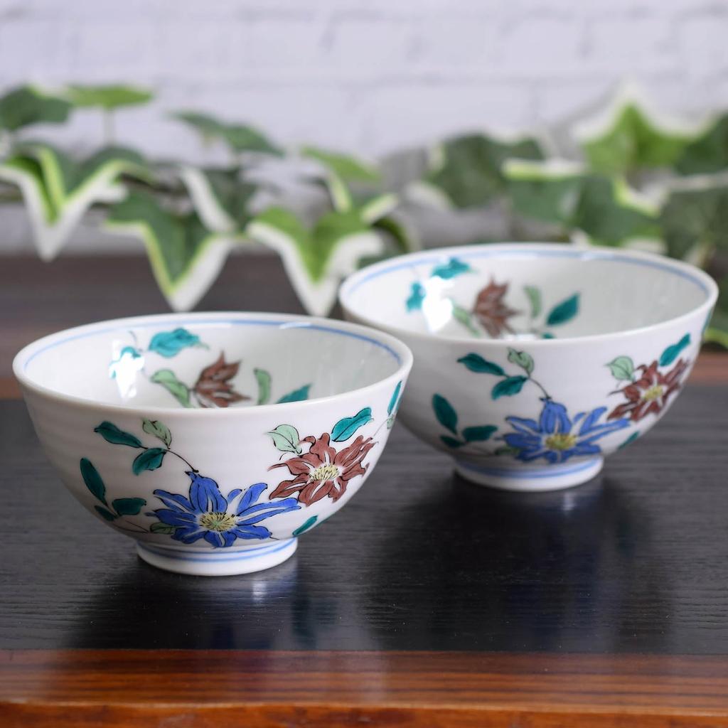 Waza No Kura Pair Rice Bowls - Stylish Japanese Tableware - Kutani Ware Couple's Rice Bowls - Clematis Design - High-Quality Ceramic Tableware - Made