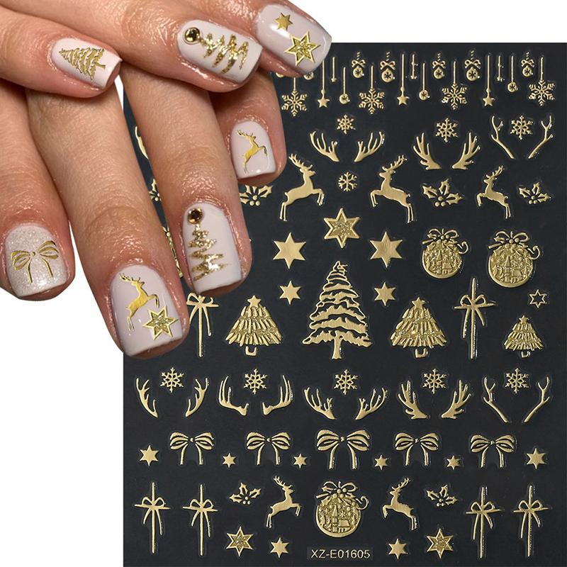 1Sheet Gold 3D Christmas Nail Foil Stickers Sparkling Snowflake Christmas Tree Snow Globe Snowflake Nail Slider Nail Stickers