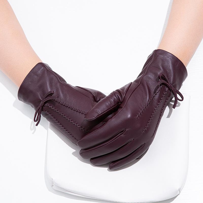 Women's Colorful Genuine Leather Gloves Bow Sheepskin Gloves  Women's Warm Cycling Clothing Gloves for Autumn and Winter