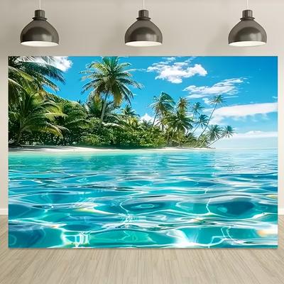 2D Vordergrund Wellenwasser Kokospalmeninsel Weißer Sandstrand Hintergrund Tropisches Wand tapestry