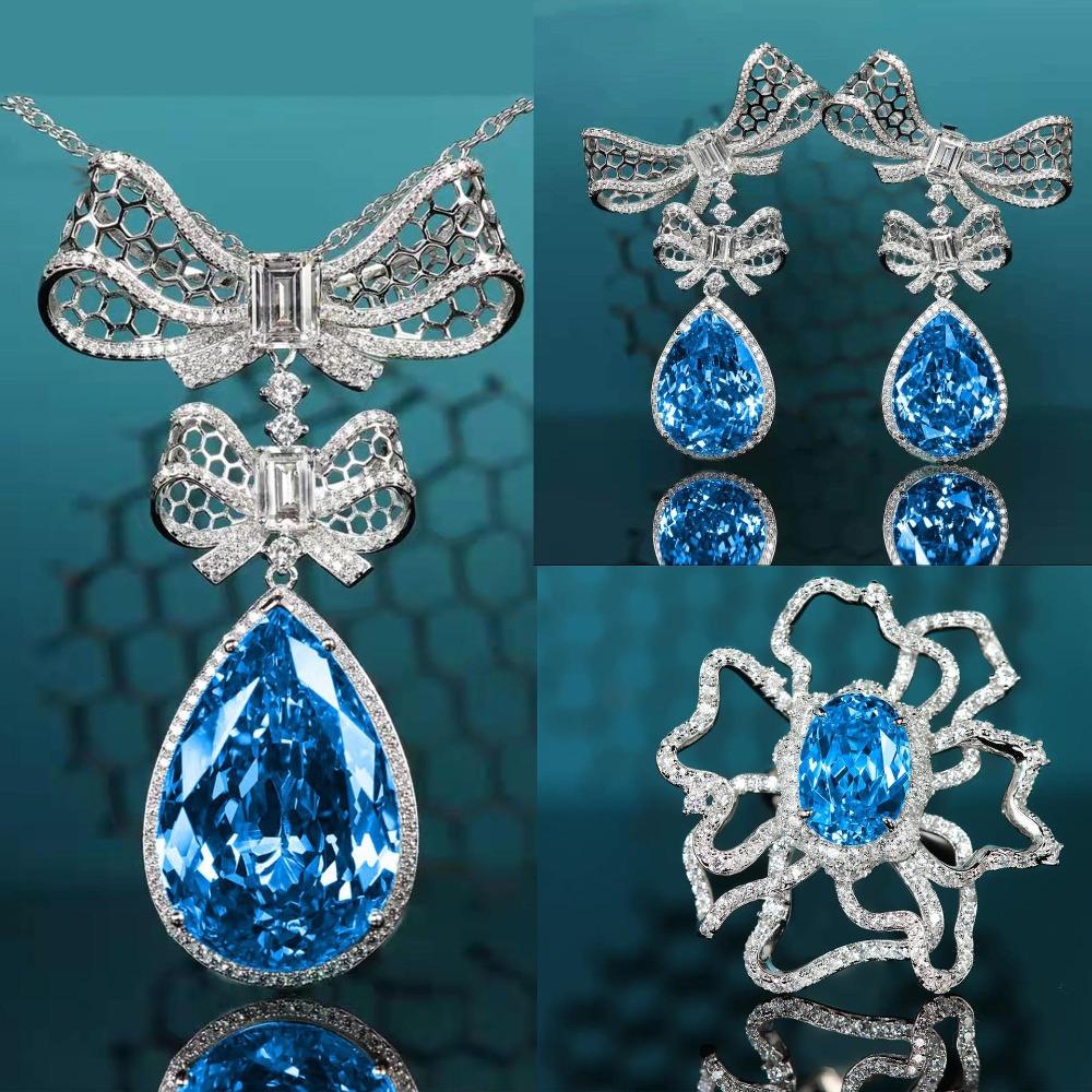 

Elegant Blue Topaz Jewelry Set for Women Full Diamond Bow Necklace Earrings Ring Luxury Gift