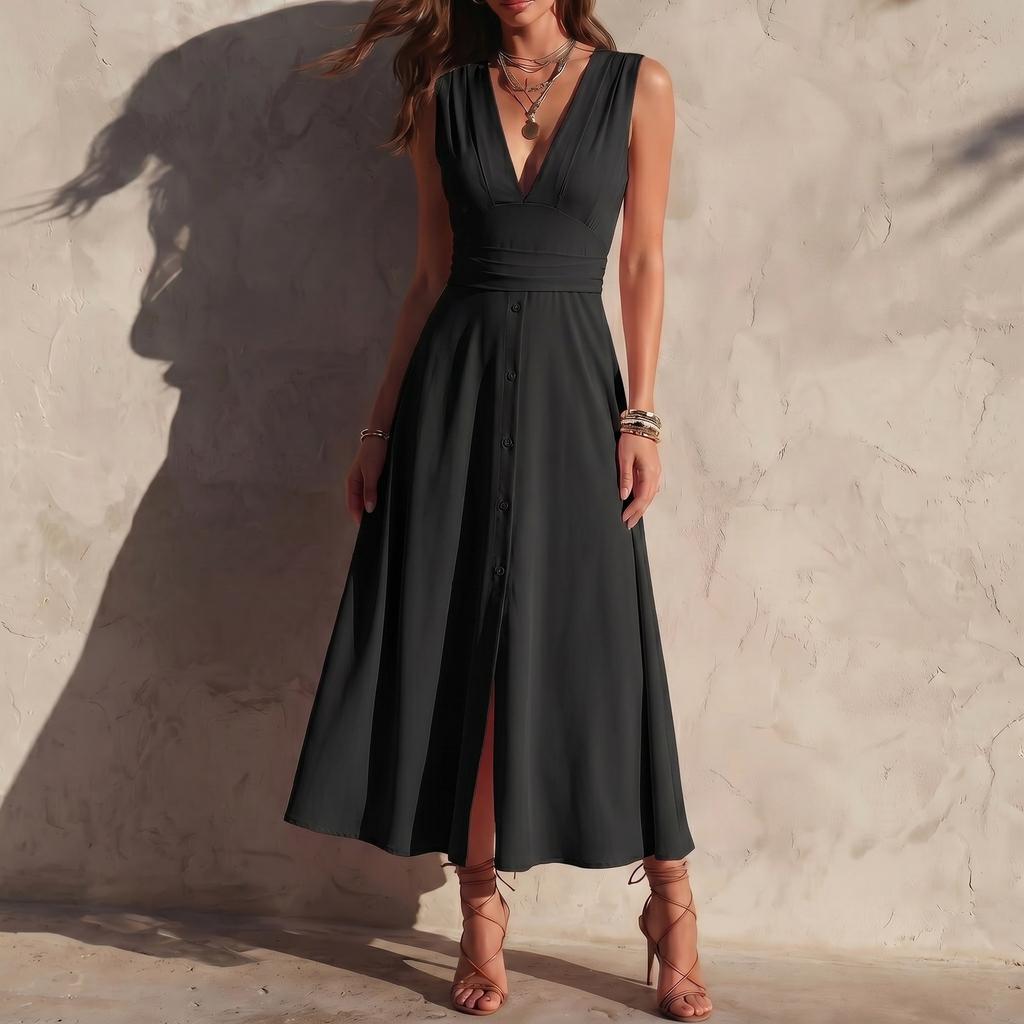 Women Sleeveless Deep V Neck Solid Maxi Dress High Waist Flared Hem Button Front Elegant Long Dress for Daily Wear