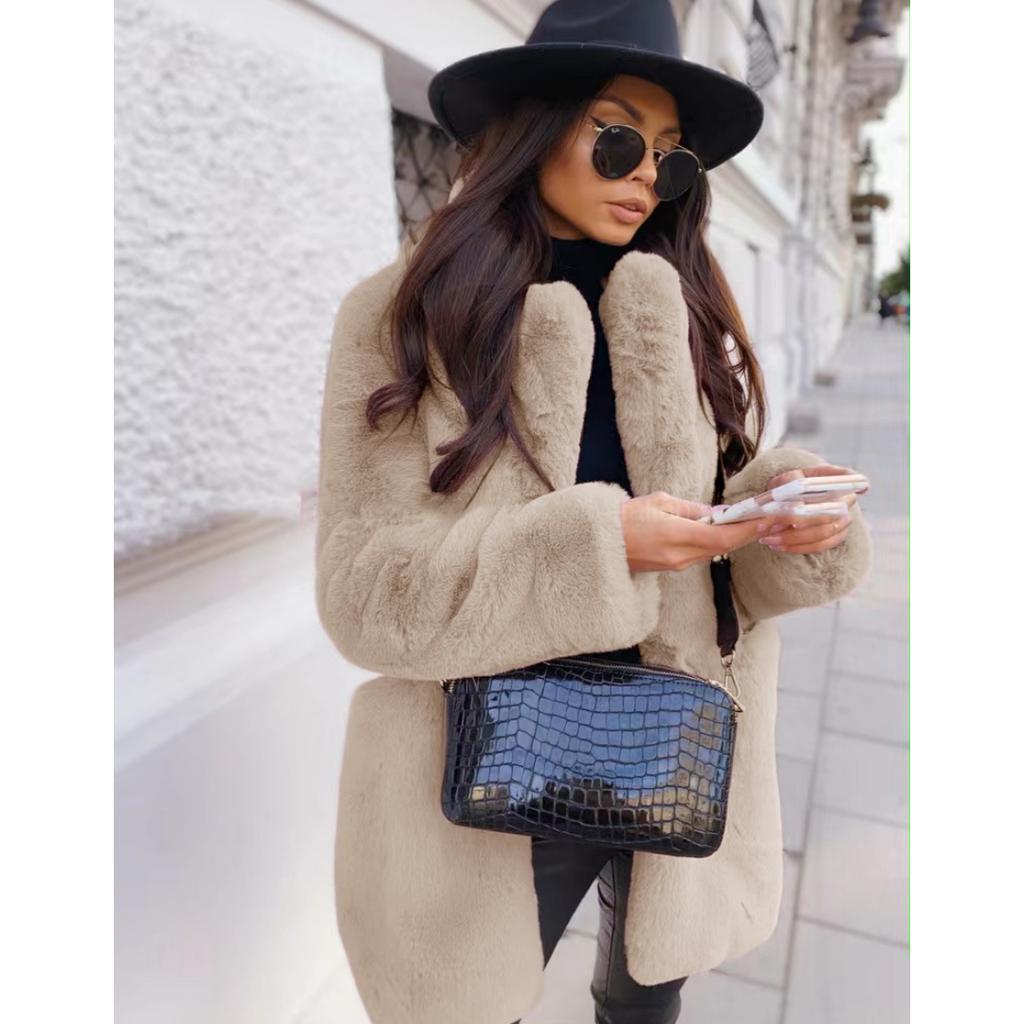 Damenmantel Winter Verdickter warmer Kunstpelzmantel Mittellanger Revers-Damenmantel