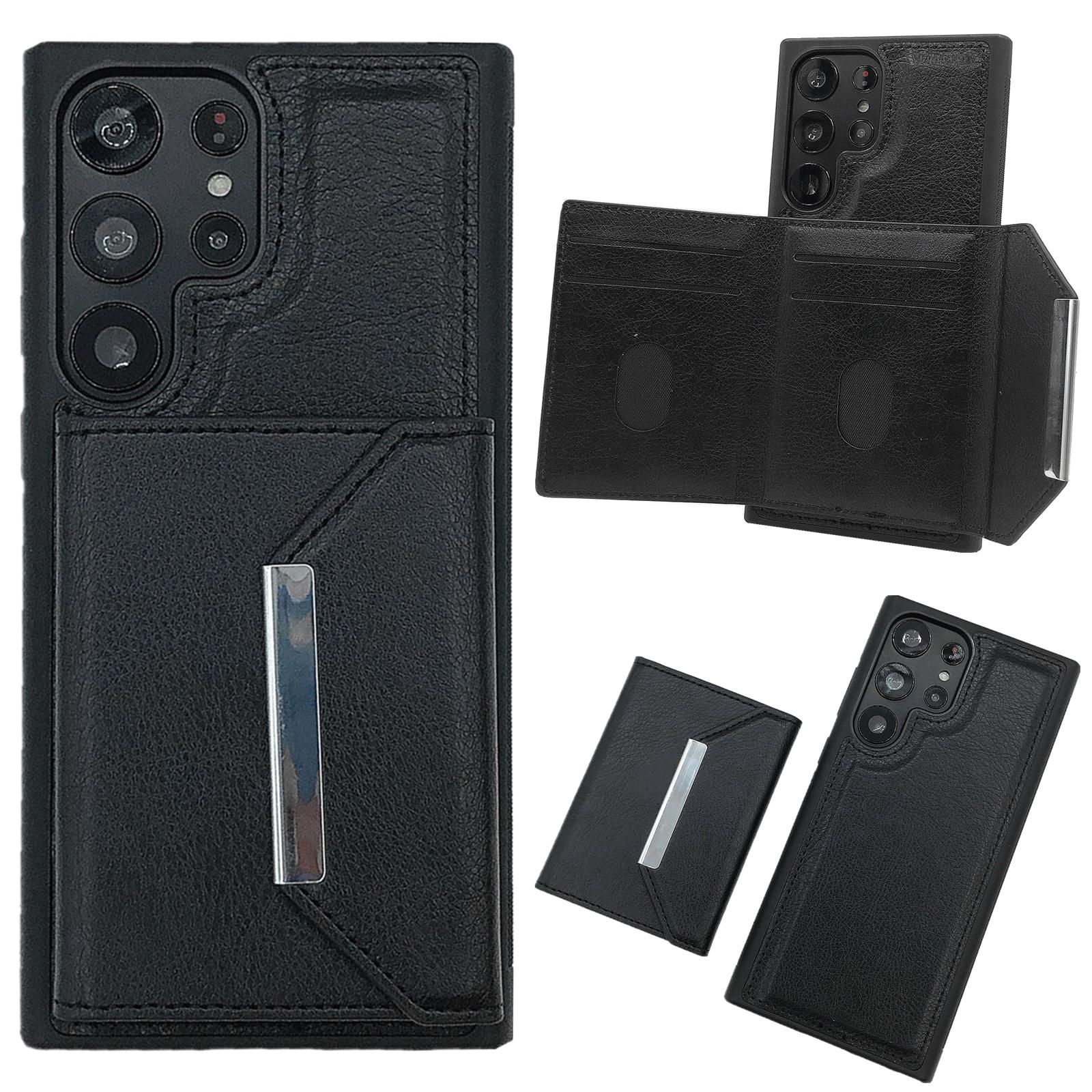 

For Samsung Galaxy S25 Ultra Case Card Bag Kickstand TPU+PU Phone Cover Black