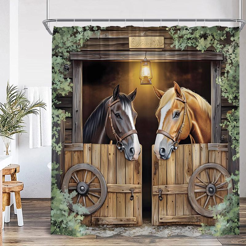 Western Barn Horse Shower Curtains Sunflower Lavender Floral Farmhouse Wooden Door Farm Animal Bathroom Curtain Decor with Hooks