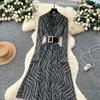 Royal Sister Fan High-end Feeling with Belt Waist Dress Women's Autumn Light and Thin Temperament Drape Print Dress