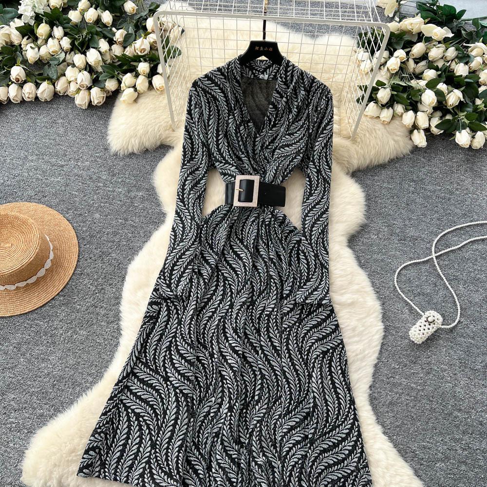 Royal Sister Fan High-end Feeling with Belt Waist Dress Women's Autumn Light and Thin Temperament Drape Print Dress