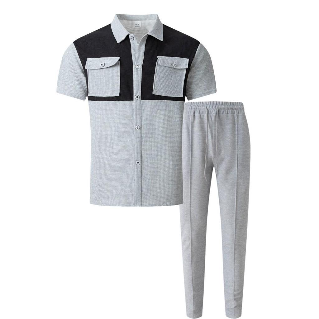 Sommer Kurzarm Revers Waffel Zweiteiler Set mit Knopf Tasche Hemd und Hose