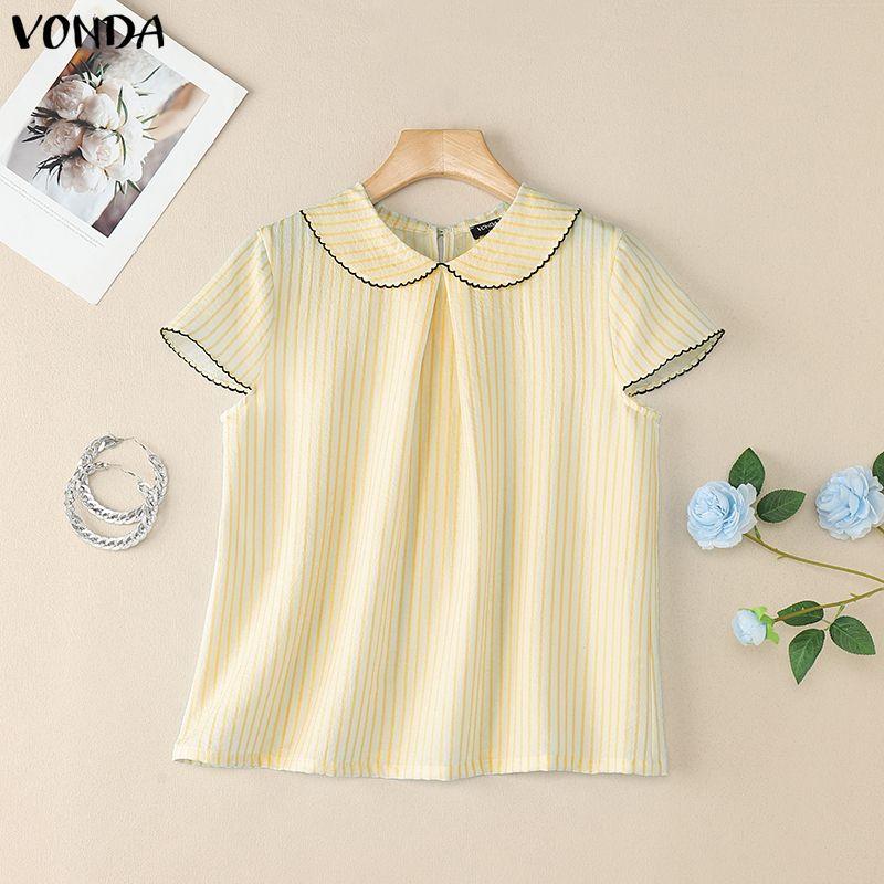 VONDA Summer Women Striped Print Casual Short Sleeve Blouse T-shirts