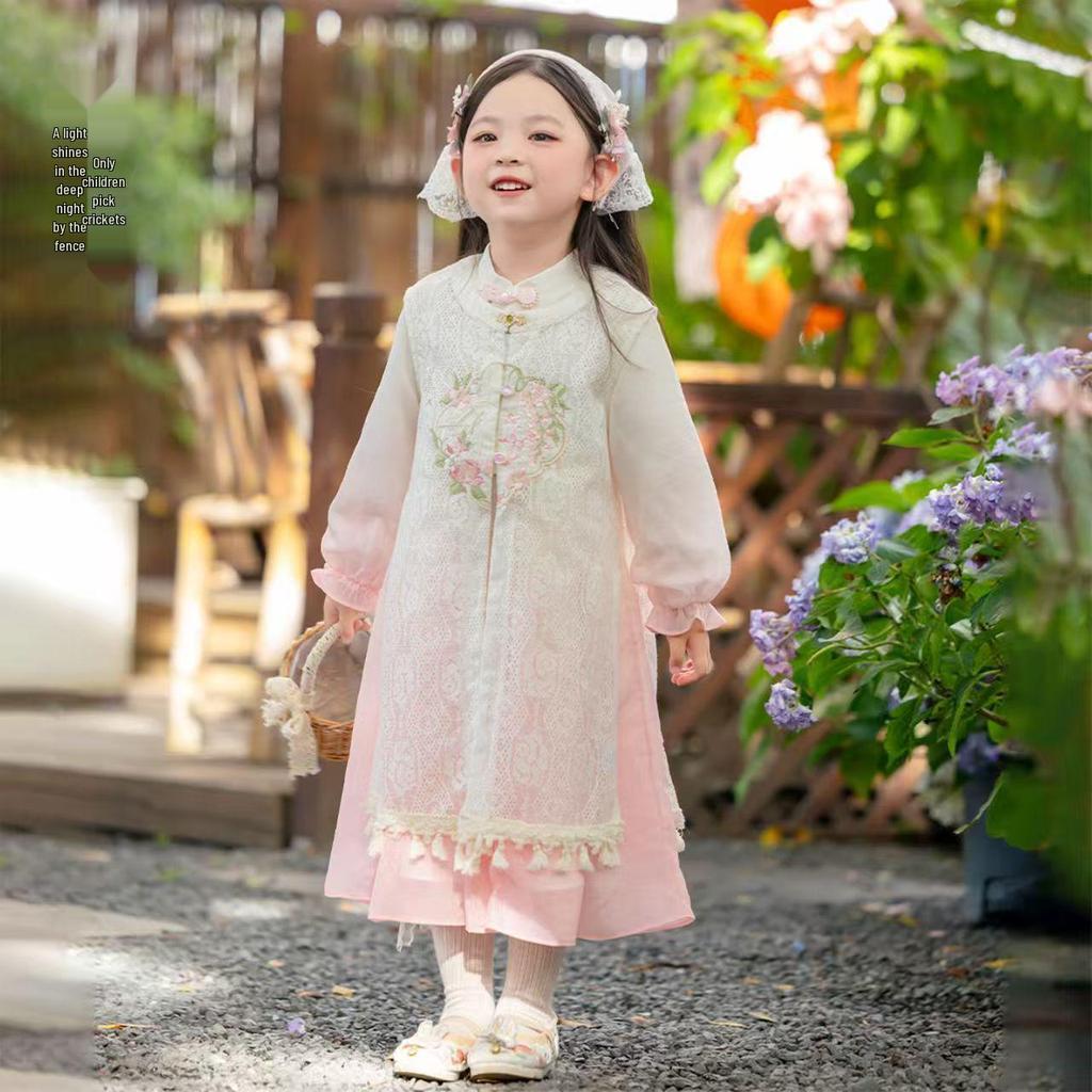 Spring & Autumn 2025 Hanfu Vest Dress Set: Fairy Princess Chinese Style for Girls