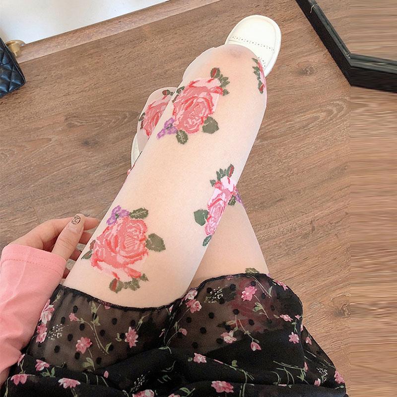 

Female Hosiery Printed Rose Stockings Pink Black Floral Tights Thin Mesh Pantyhose Girls Spring Summer Sexy Tights For Women M белый