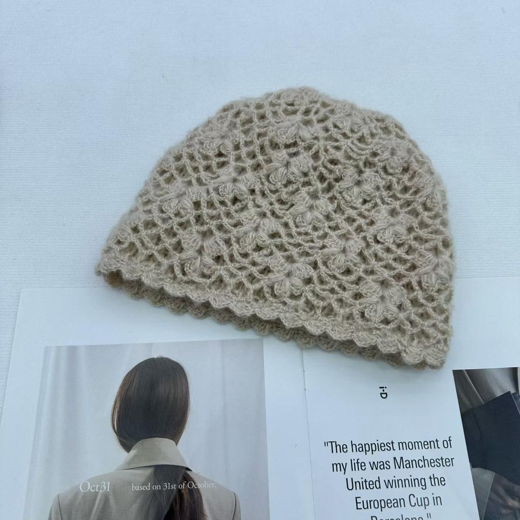 Double-layer handmade crochet hollow bag hat female elegant versatile knitted pullover hat autumn and winter breathable travel cold hat