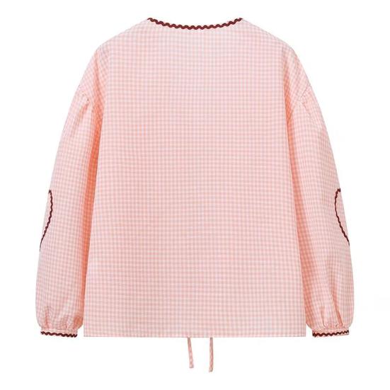 Dámská košile s dlouhým rukávem a výstřihem do V, šněrovací kardigan, kostkovaný tisk, vzor se srdíčky, volný střih, top s kapsami, streetwear