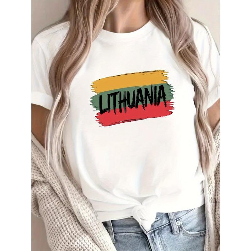 European sizes Lithuania Brush Stroke Flag print t-shirt, short sleeve crew neck casual top for summer & spring, Women's clothing