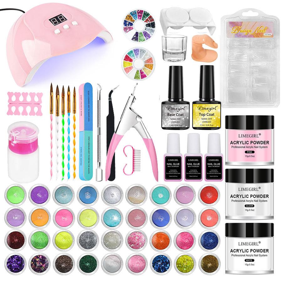 3 Colors Acrylic Powder Set with Nail Lamp Kit, Glitter Dipping Powder & Nail Art Tools, Quick Dry Long Lasting