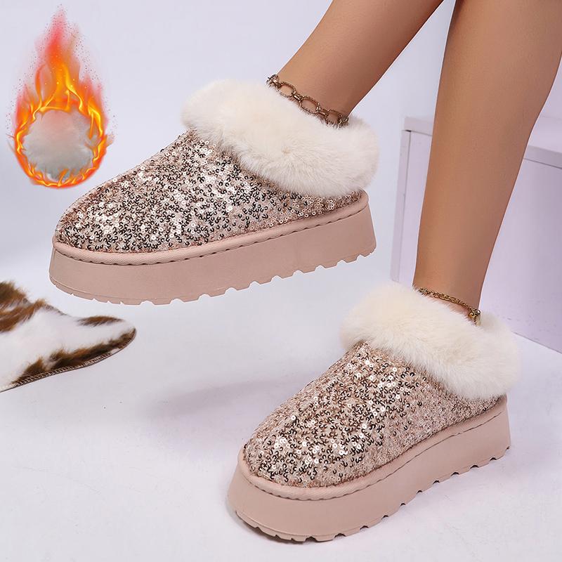 Fashion Shiny Sequins Fluffy Snow Boots for Women Winter Thick Sole Warm Plush Ankle Boots Woman Faux Fur Chunky Platform Booties Female
