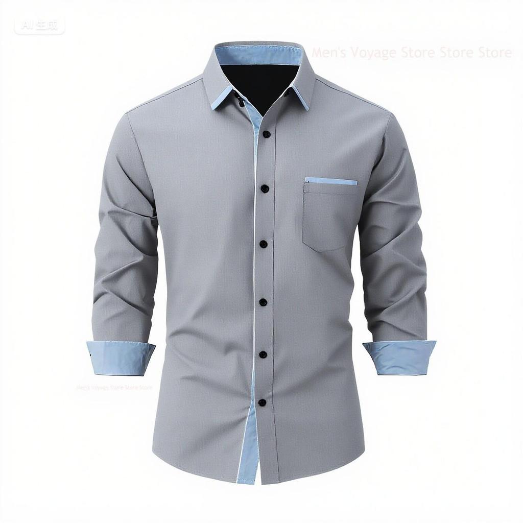 2026 Fashionable Men's Four-Way Stretch Men's Shirt Color Block Business Slim Long Sleeve High-End Shirt