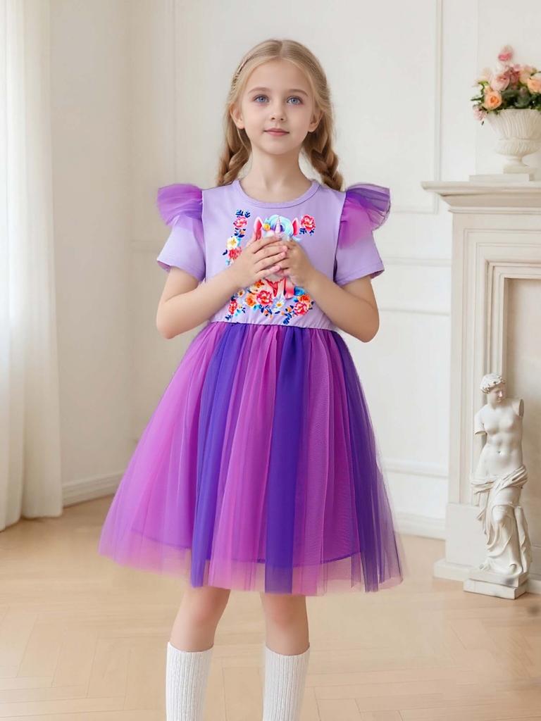 Girls Dress Age 4-7 Years Unicorn Print Summer Dress Kids Princess Tulle Party Dress for Little Girl Birthday Outfit