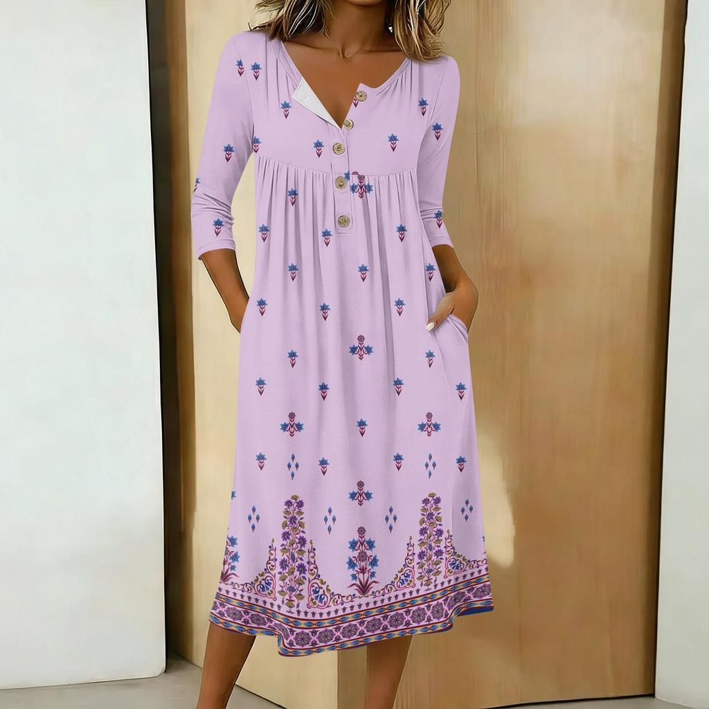Modisches Damen-Midikleid mit Rundhalsausschnitt, 3/4-Ärmeln, Knopfleiste und farbenfrohem Print, lässig